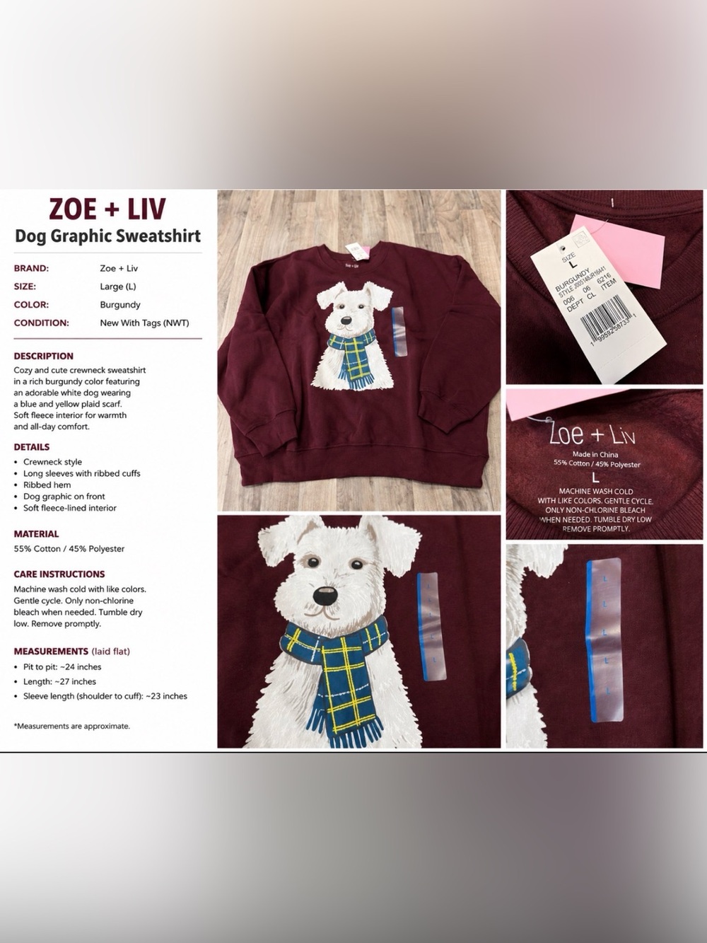 Zoe + Liv Dog Graphic Sweatshirt Burgundy Large NWT Cozy Fleece Crewneck